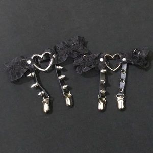Pair Black Metal Heart Lace & Vegan Leather Leg Garter / Harness Festival Rave